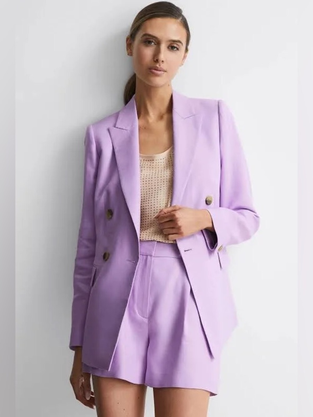 Reiss Hollie Lilac Linen Double-Breasted Women's Blazer Jacket US 2